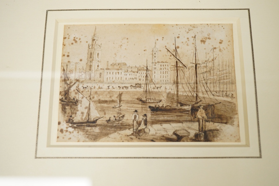 Three watercolours comprising: Sidney Cardew (1931-2017), ‘Across the river, Chelsea', William Bowden, 'London docks' and Attributed to Edmund Becker (fl. 1780-1820), 'Near Bath', largest 18 x 26cm